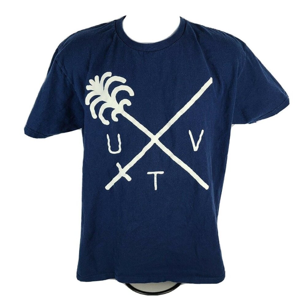Us Versus Them T-Shirt Mens Size Large Sword Palm Tree Blue Short Sleeve Tee